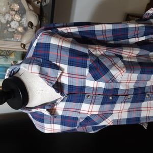 Womens Plaid button up Collared Blouse shirt red white blue Plus Sz 2x ELY